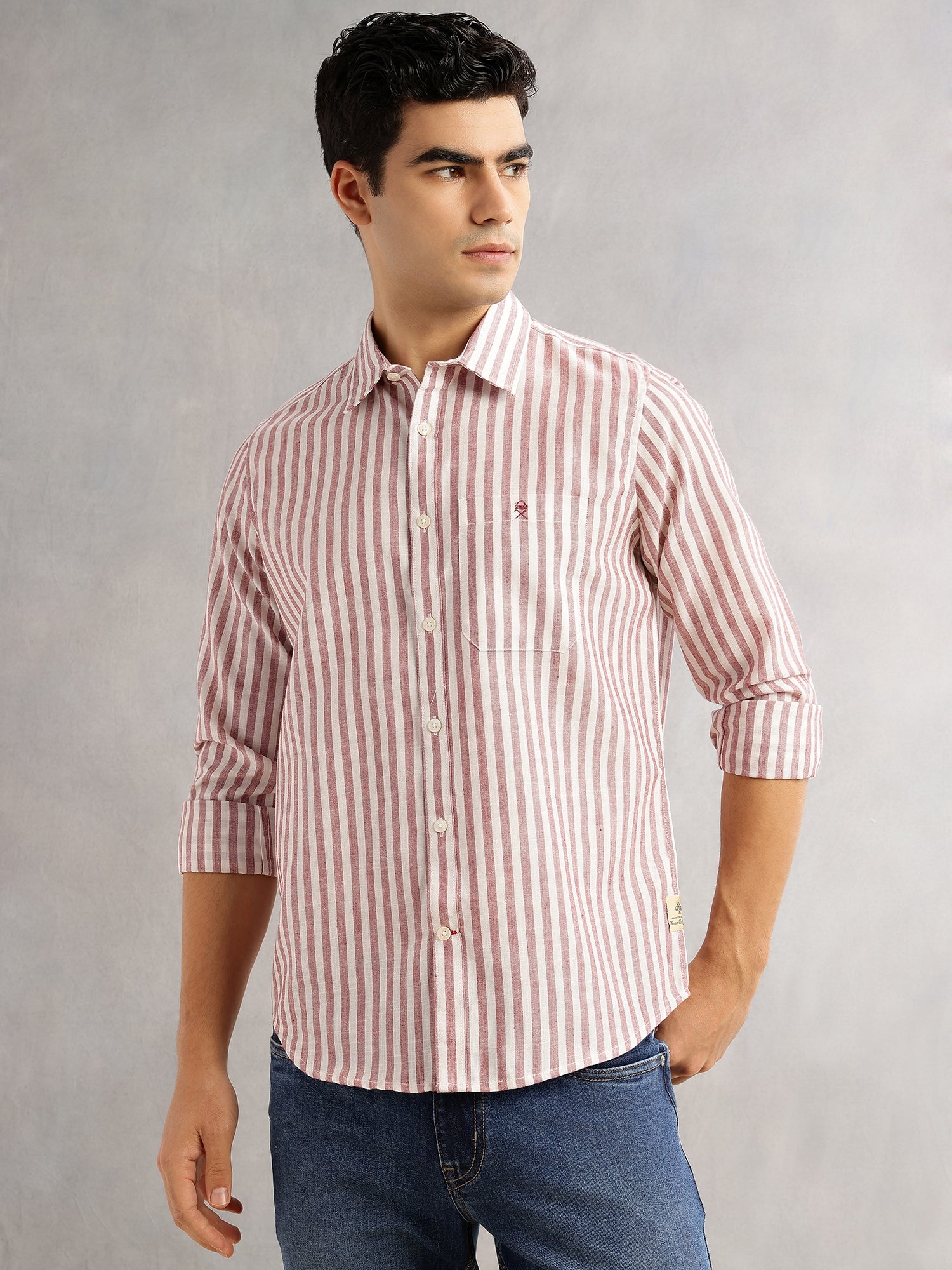 Thomas Scott Men Maroon Slim Fit Long Sleeves Spread Collar Vertical Stripes Linen Casual Shirt