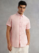 Thomas Scott Men Pink Premium Regular Fit Short Sleeves Spread Collar Solid Linen Casual Shirt