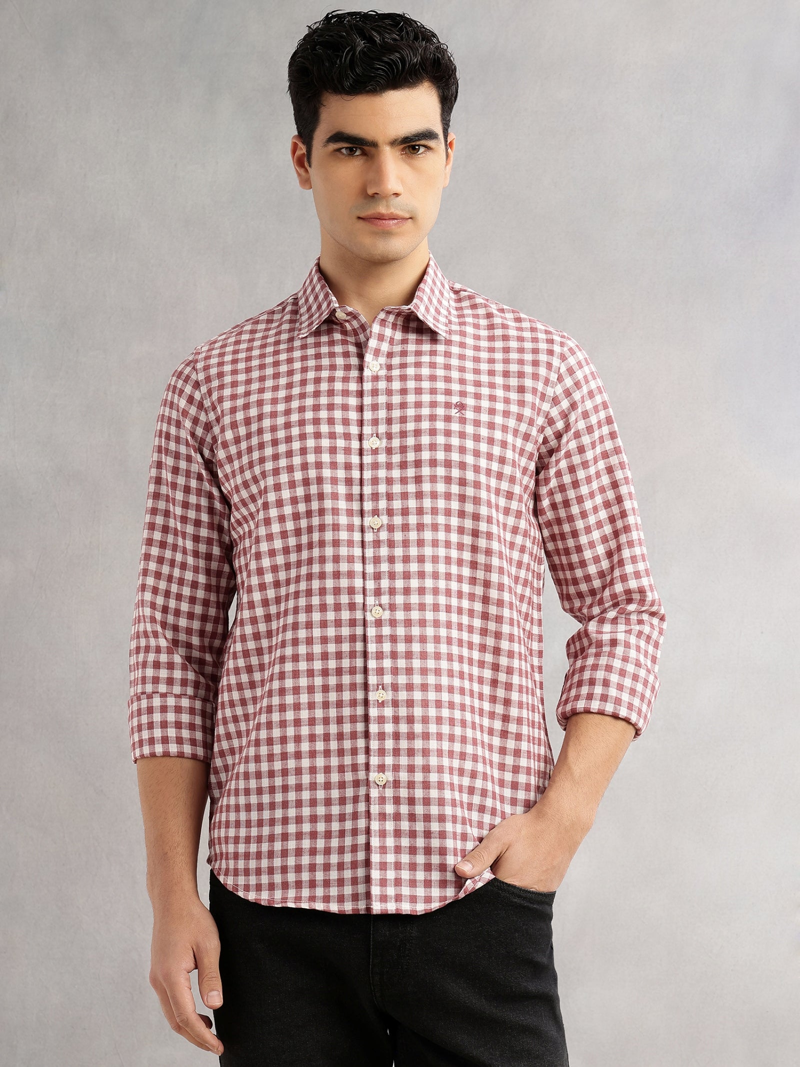 Thomas Scott Men Maroon Slim Fit Long Sleeves Spread Collar Tartan Checks Linen Casual Shirt