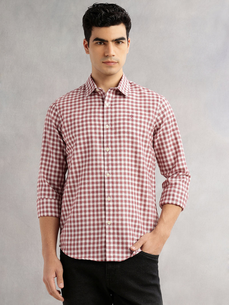 Thomas Scott Men Maroon Slim Fit Long Sleeves Spread Collar Tartan Checks Linen Casual Shirt