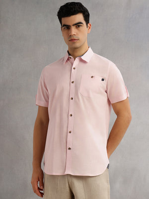 Thomas Scott Men Pink Regular Fit Short Sleeves Spread Collar 100% Cotton Casual Shirt