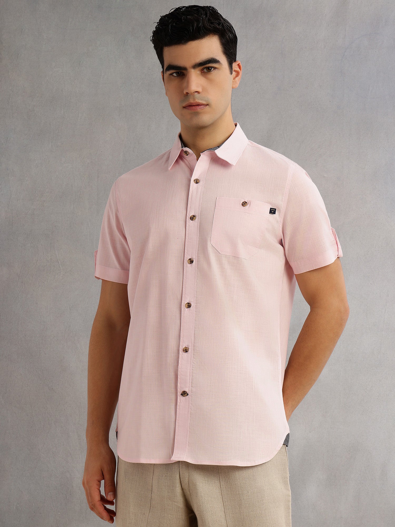 Thomas Scott Men Pink Regular Fit Short Sleeves Spread Collar 100% Cotton Casual Shirt