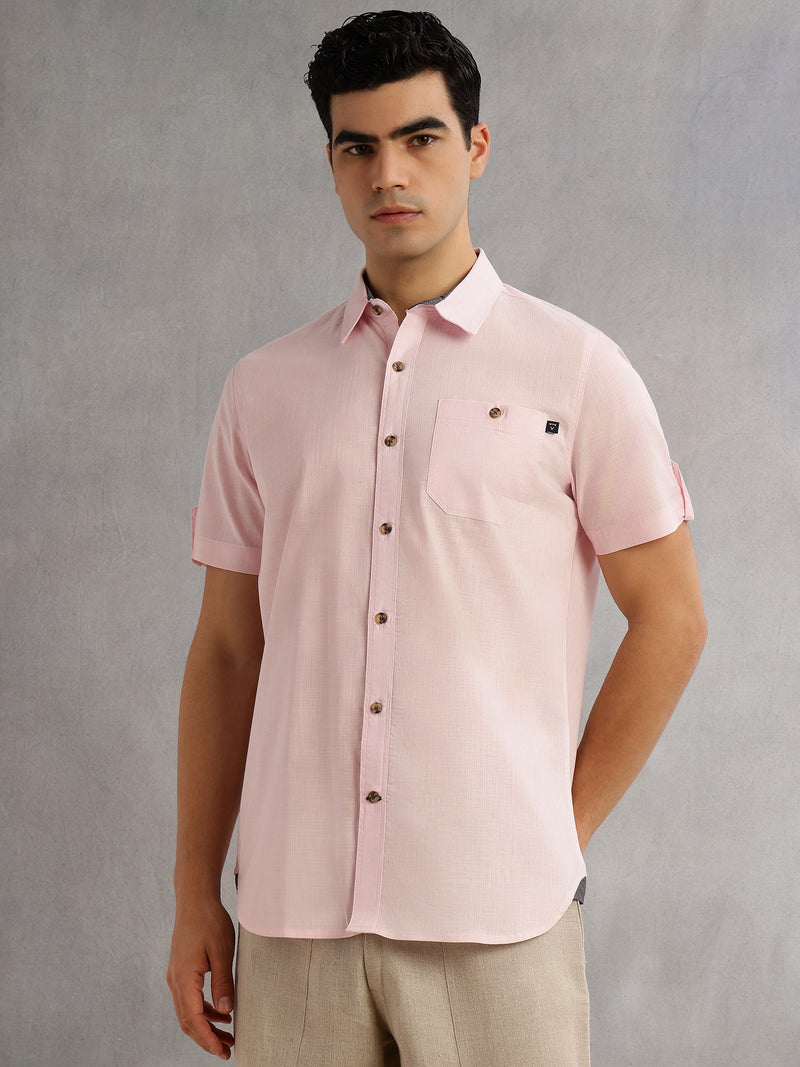Thomas Scott Men Pink Regular Fit Short Sleeves Spread Collar 100% Cotton Casual Shirt