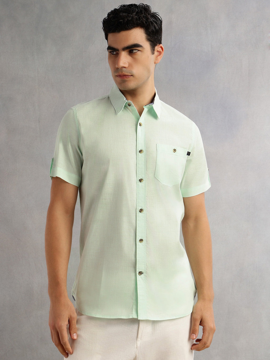 Thomas Scott Men Lime Green Regular Fit Short Sleeves Spread Collar 100% Cotton Casual Shirt