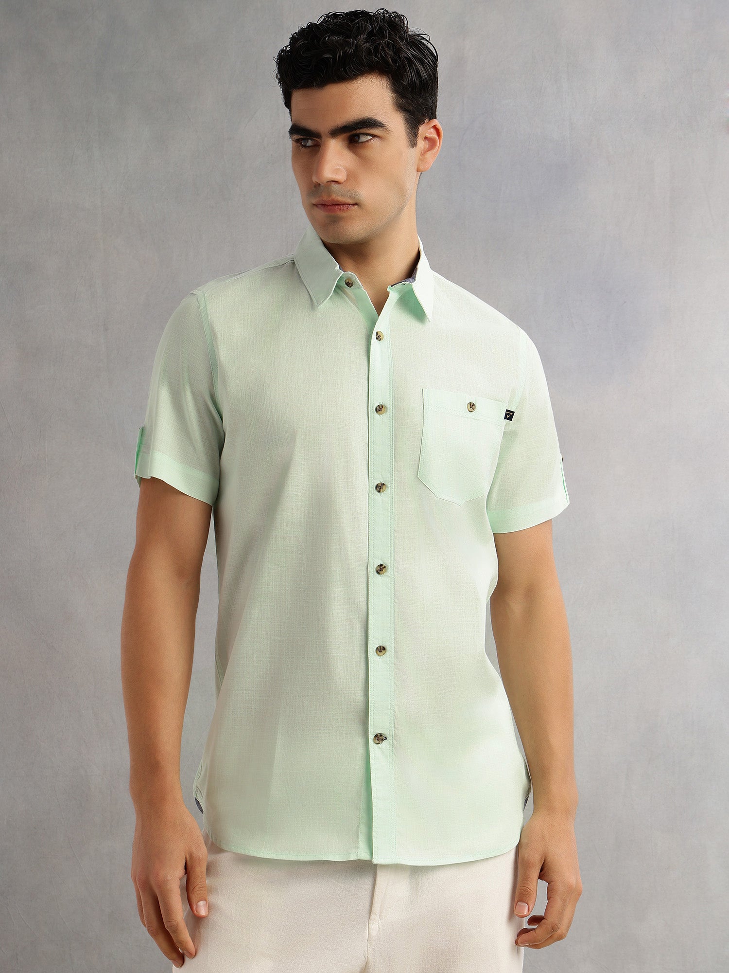 Thomas Scott Men Lime Green Regular Fit Short Sleeves Spread Collar 100% Cotton Casual Shirt