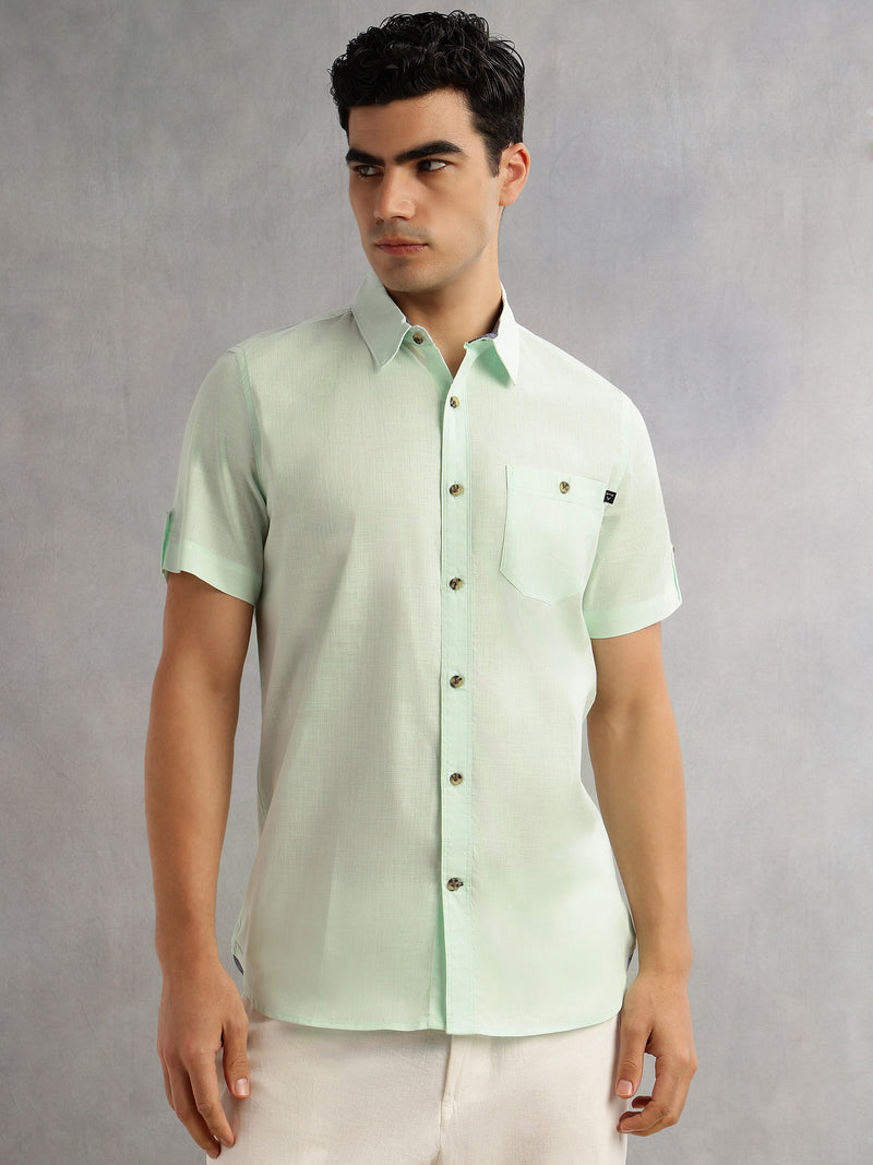 Thomas Scott Men Lime Green Regular Fit Short Sleeves Spread Collar 100% Cotton Casual Shirt