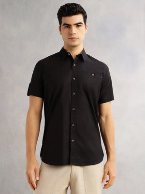 Black Regular Fit Short Sleeves Spread Collar 100% Cotton Casual Shirt For Men