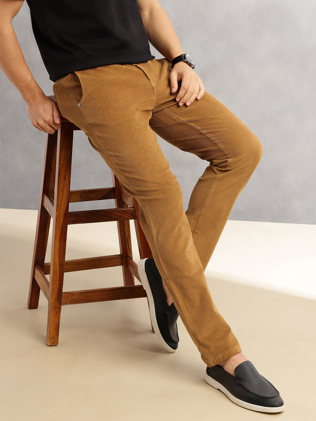 Thomas Scott Men Sand Regular Fit Mid-Rise 4 Pockets Woven Corduroy Trouser
