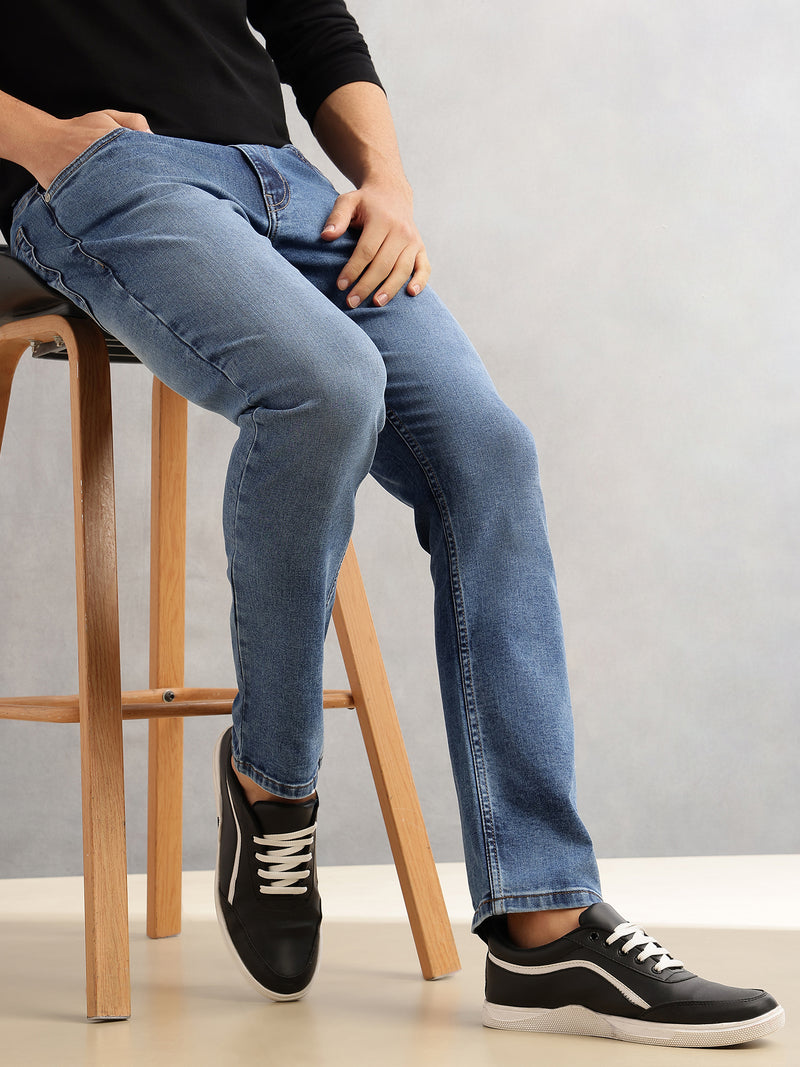 Thomas Scott Men Mid Blue Straight Fit Mid-Rise 5 Pockets Faded Stretchable Jeans
