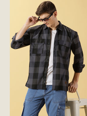 Thomas Scott Men Grey Regular Fit Long Sleeves Buffalo Checked 2 Flap Pockets Twill Cotton Shirt