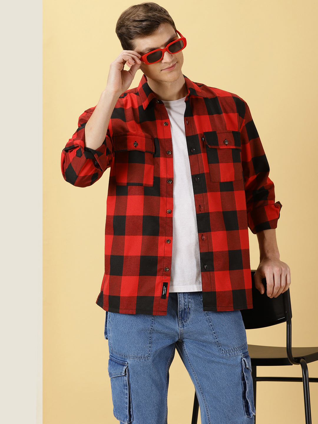 Thomas Scott Men Red Regular Fit Long Sleeves Buffalo Checked 2 Flap Pockets Twill Cotton Shirt