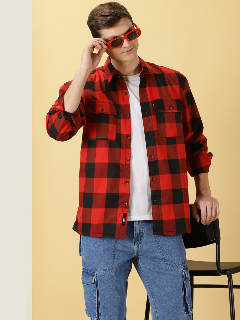 Thomas Scott Men Red Regular Fit Long Sleeves Buffalo Checked 2 Flap Pockets Twill Cotton Shirt