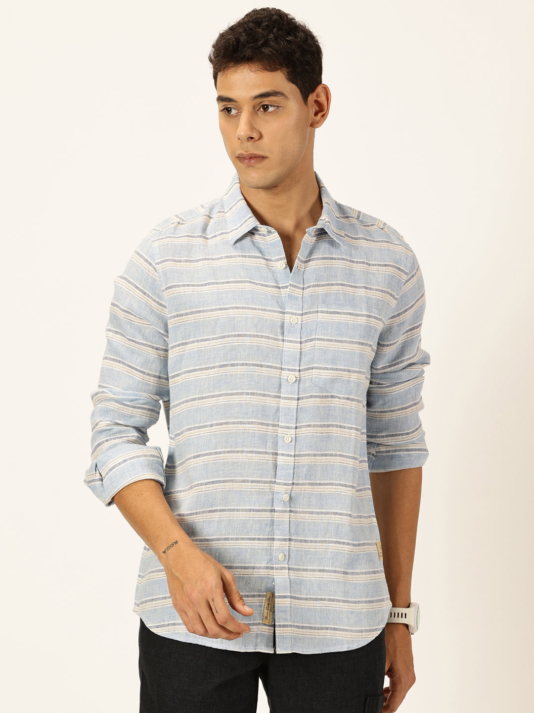 Thomas Scott Men Blue Slim Fit Long Sleeves Spread Collar Horizontal Stripes Linen Casual Shirt