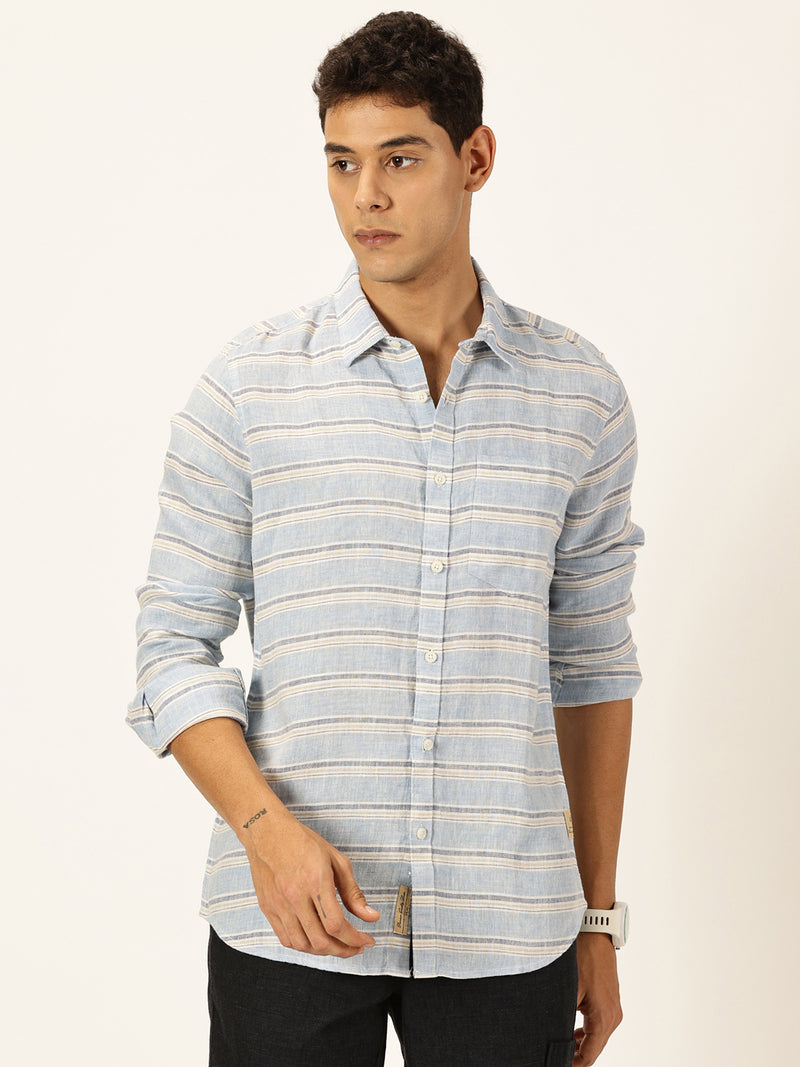Thomas Scott Men Blue Slim Fit Long Sleeves Spread Collar Horizontal Stripes Linen Casual Shirt