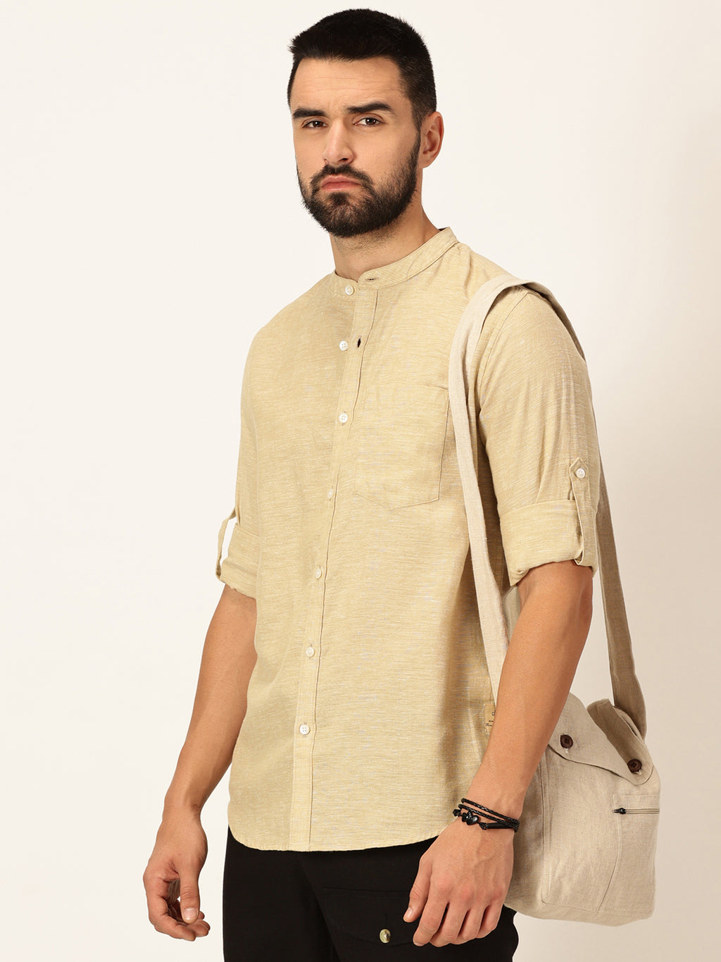 Thomas Scott Men Khaki Slim Fit Long Sleeves Mandarin Collar Cotton Linen Casual Shirt