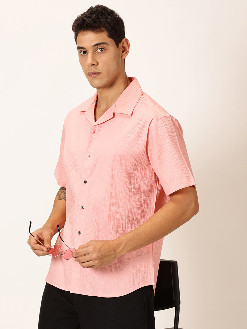 Thomas Scott Men Pink Slim Fit Textured Short Sleeves Cuban Collar Casual Shirt