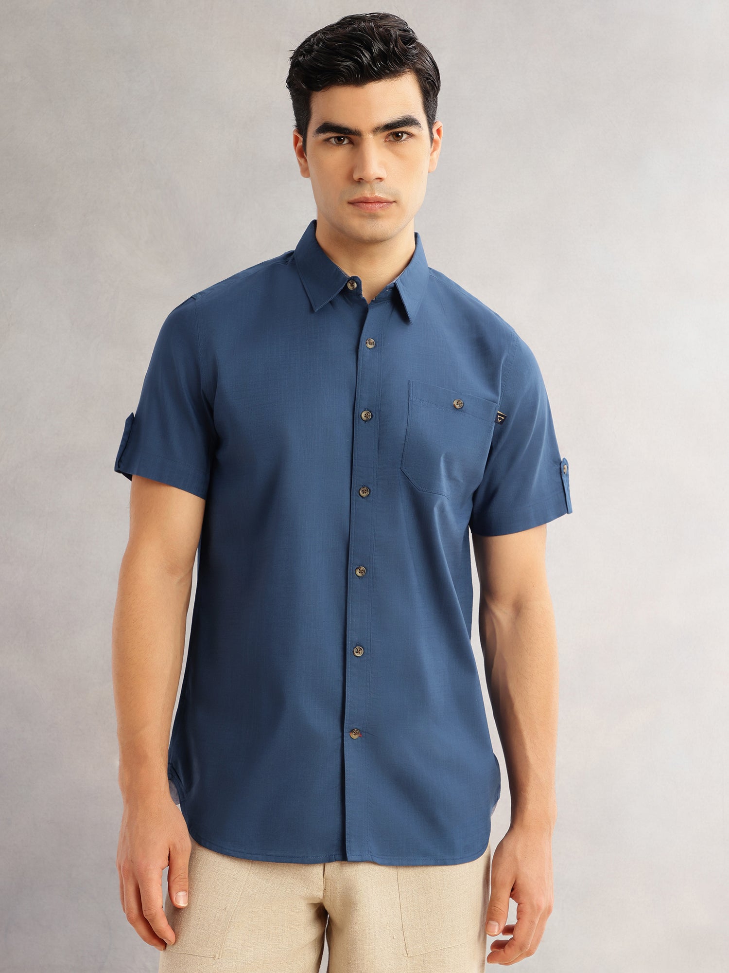 Thomas Scott Men Teal Regular Fit Short Sleeves Spread Collar 100% Cotton Casual Shirt