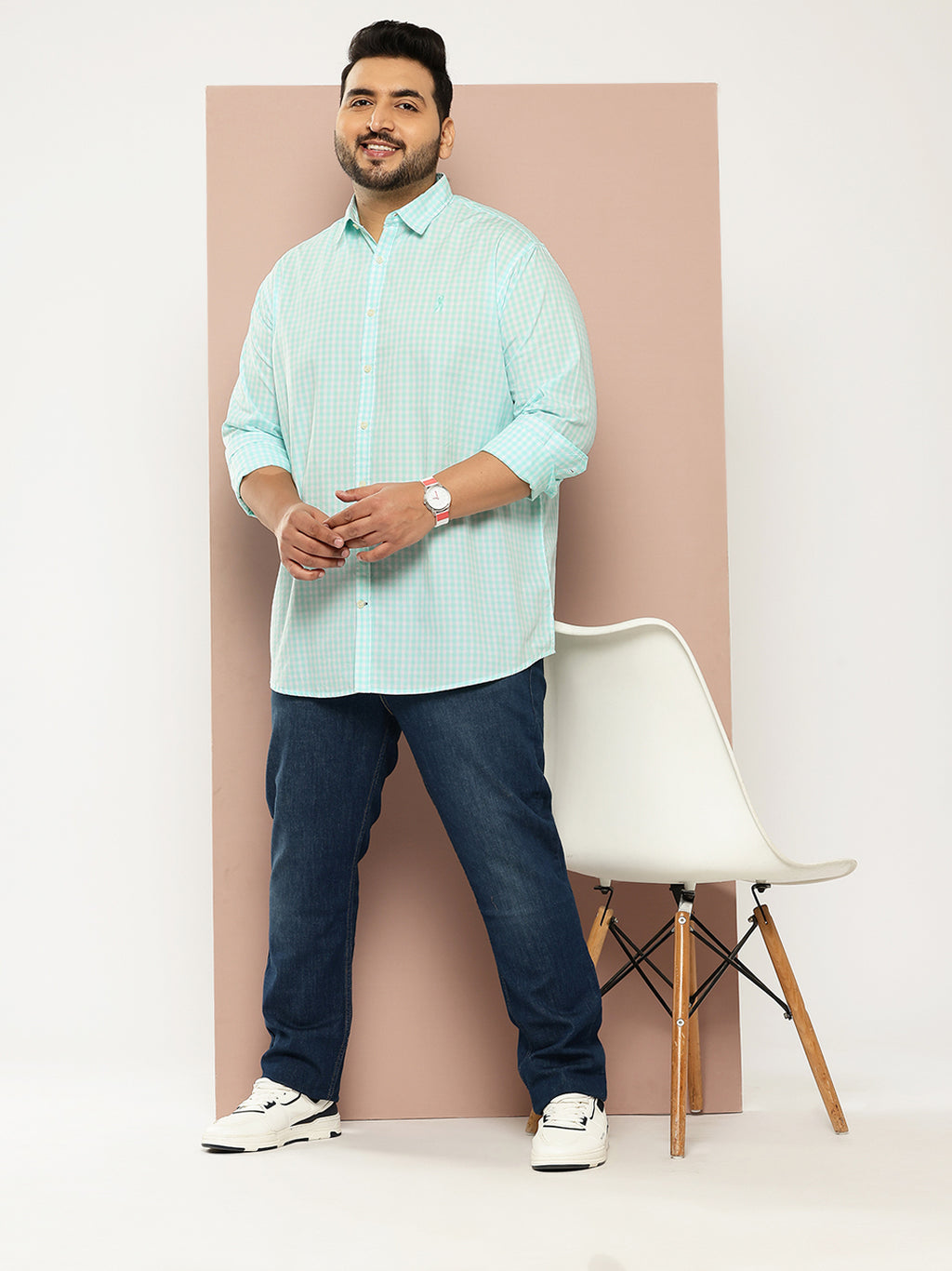 Thomas Scott Men Aqua Cricket Club Plus Size Regular Fit Long Sleeves Spread Collar Gingham Checks 100% Cotton Casual Shirt