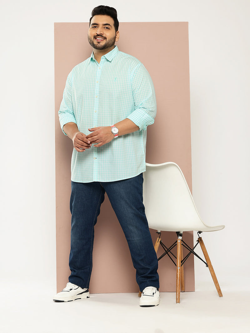 Thomas Scott Men Aqua Cricket Club Plus Size Regular Fit Long Sleeves Spread Collar Gingham Checks 100% Cotton Casual Shirt