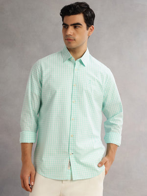 Thomas Scott Men Aqua Cricket Club Slim Fit Long Sleeves Spread Collar Gingham Checks 100% Cotton Casual Shirt