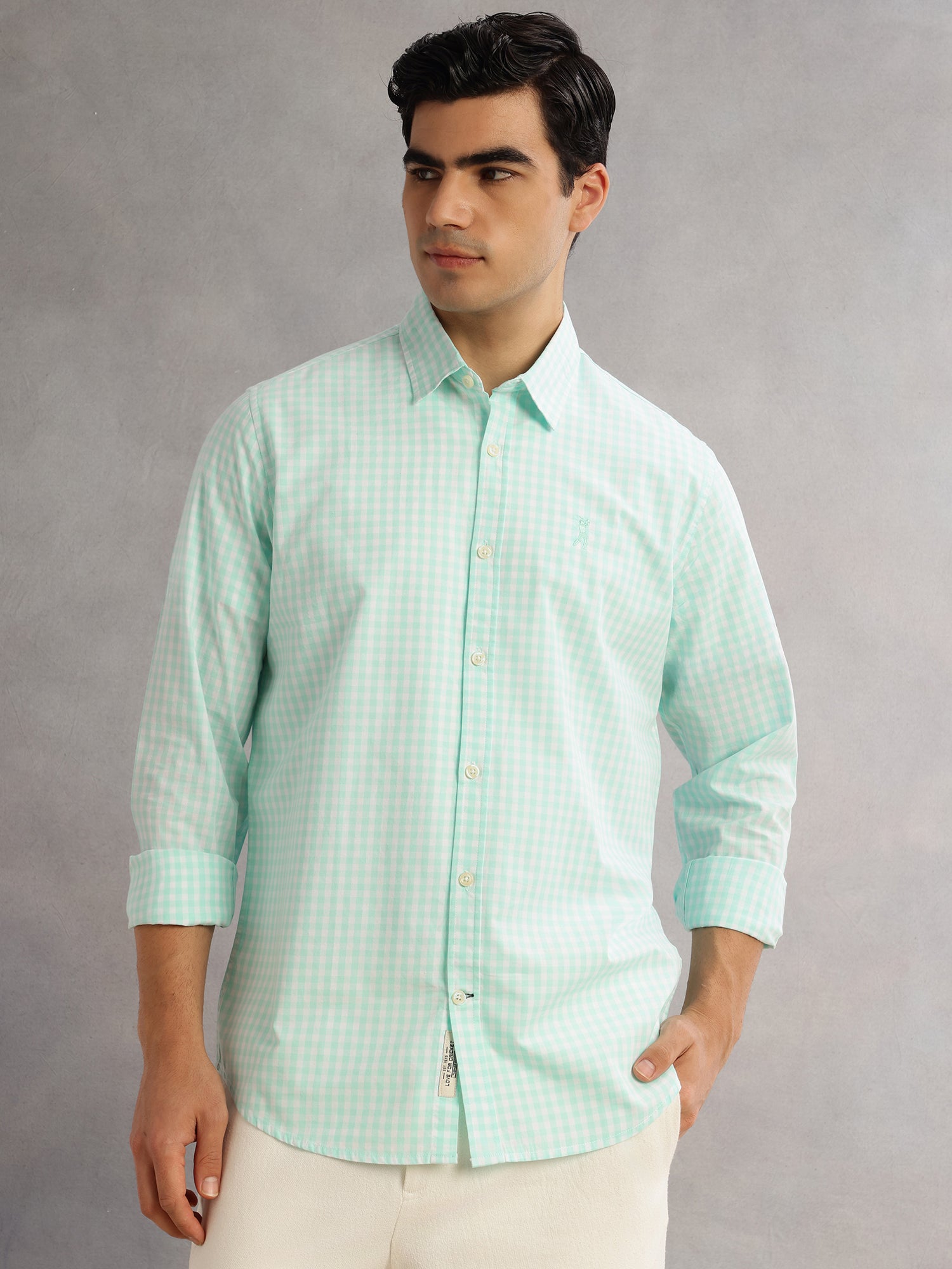 Thomas Scott Men Aqua Cricket Club Slim Fit Long Sleeves Spread Collar Gingham Checks 100% Cotton Casual Shirt