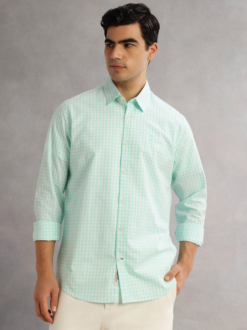 Thomas Scott Men Aqua Cricket Club Slim Fit Long Sleeves Spread Collar Gingham Checks 100% Cotton Casual Shirt