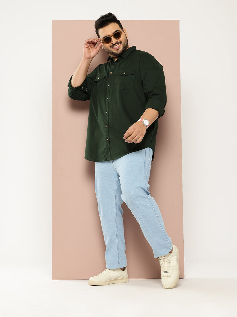 Thomas Scott Men Bottle Green Plus Size Long Sleeves Spread Collar Solid 100% Cotton Casual Shirt