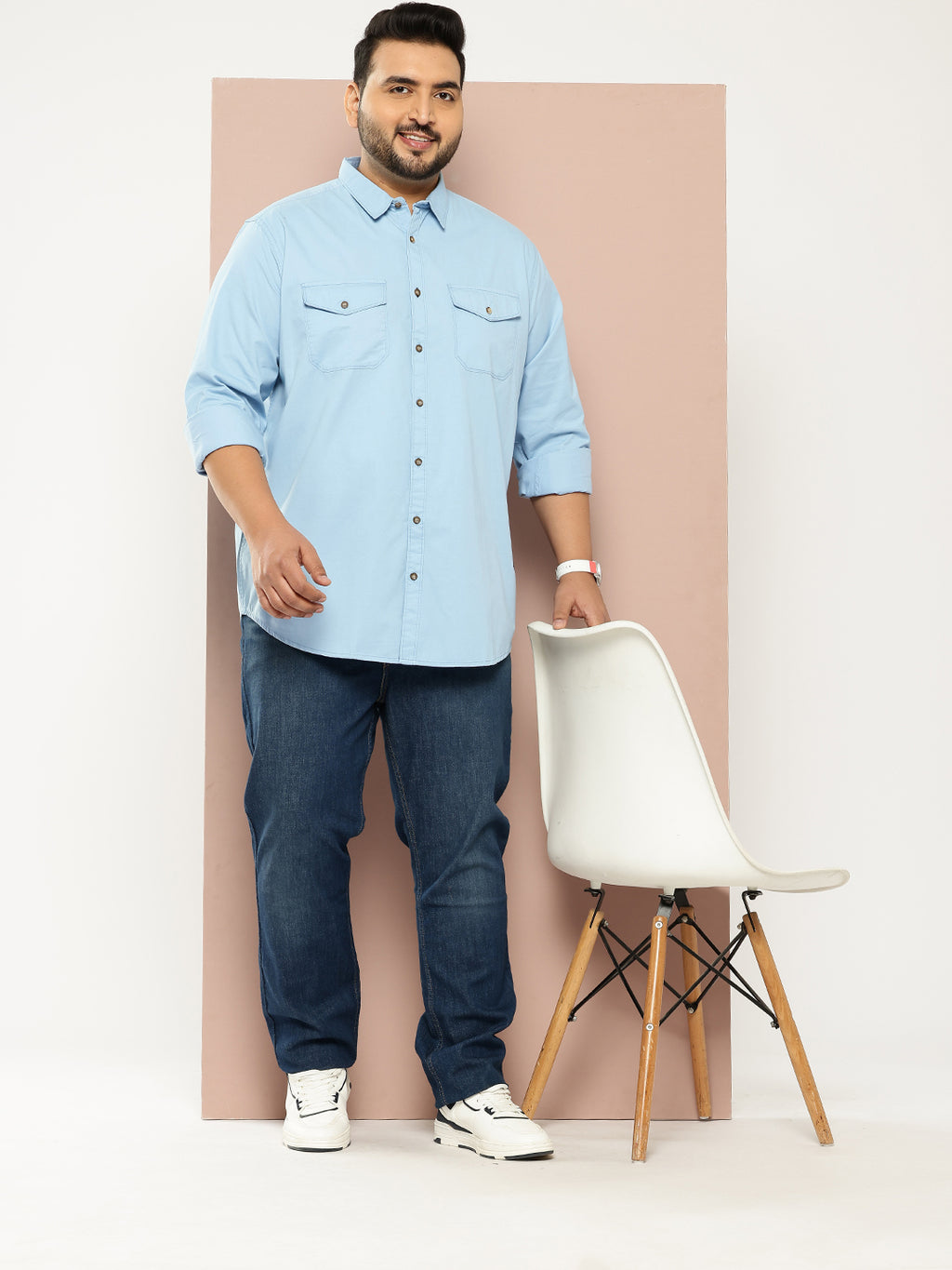Thomas Scott Men Mid Blue Plus Size Long Sleeves Spread Collar Solid 100% Cotton Casual Shirt