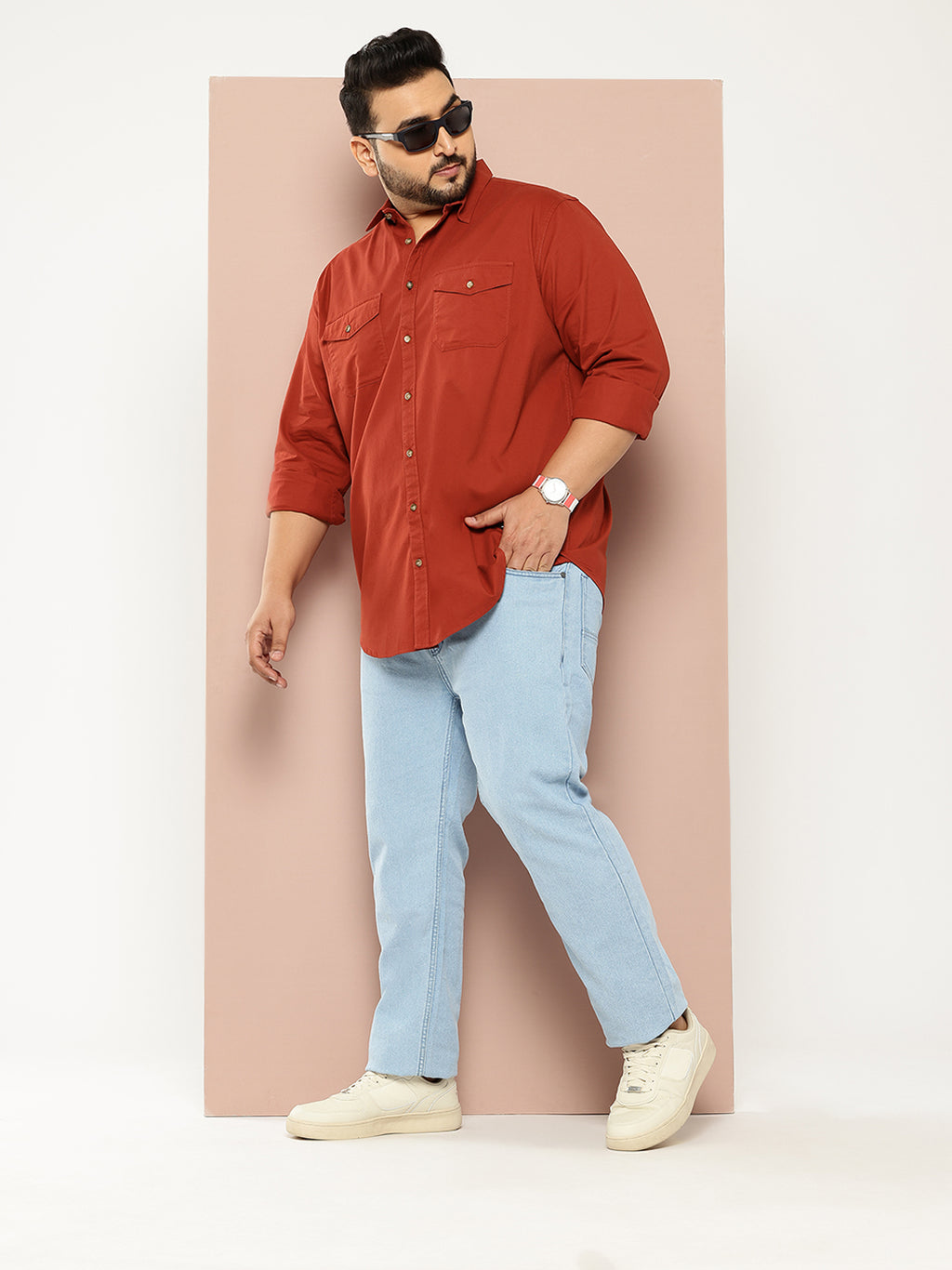 Thomas Scott Men Rust Plus Size Long Sleeves Spread Collar Solid 100% Cotton Casual Shirt