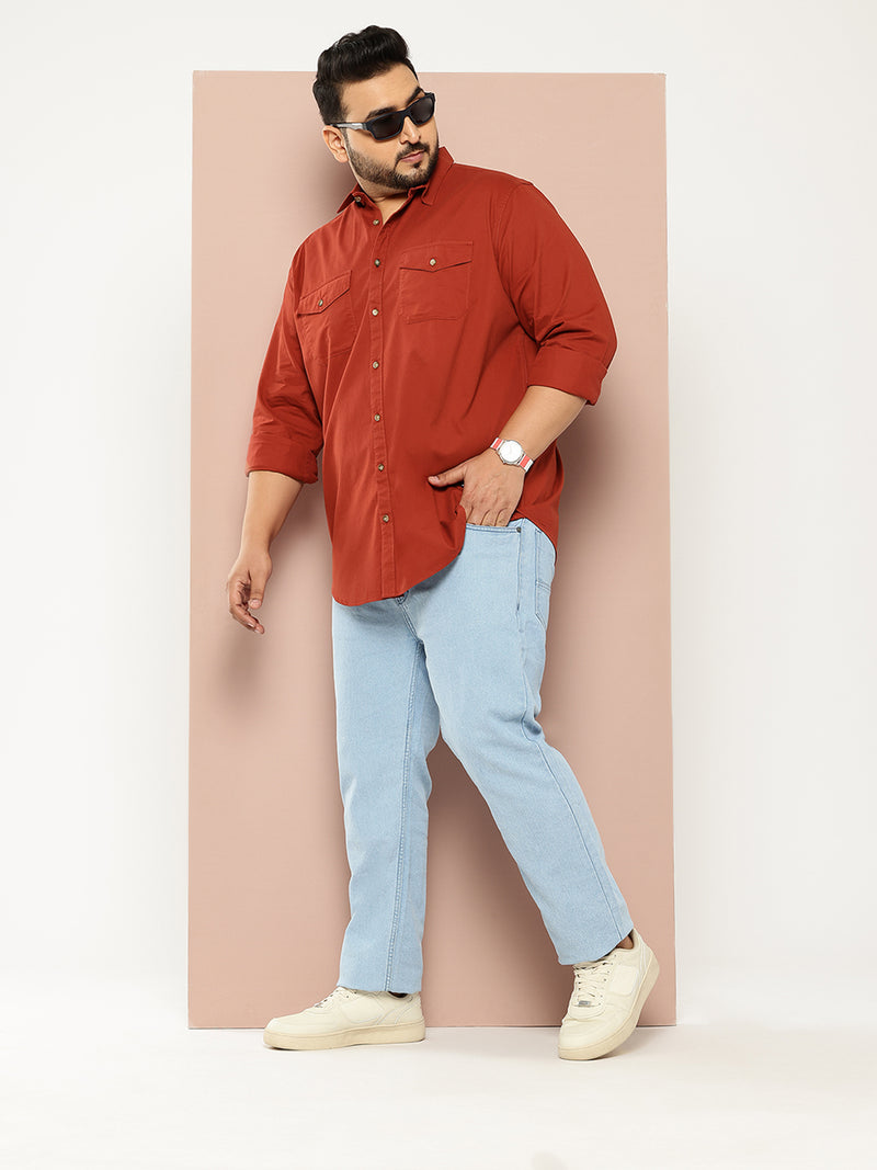 Thomas Scott Men Rust Plus Size Long Sleeves Spread Collar Solid 100% Cotton Casual Shirt