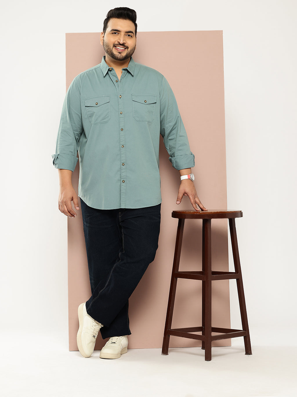 Thomas Scott Men Sea Green Plus Size Long Sleeves Spread Collar Solid 100% Cotton Casual Shirt