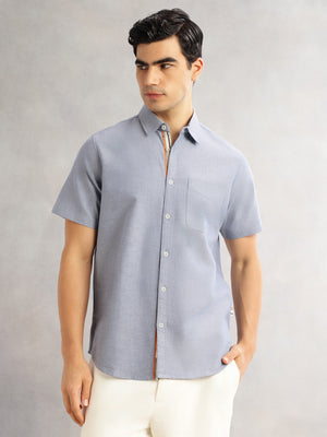 Navy Cricket Club Slim Fit Short Sleeves Spread Collar Solid 100% Cotton Casual Shirt For Men