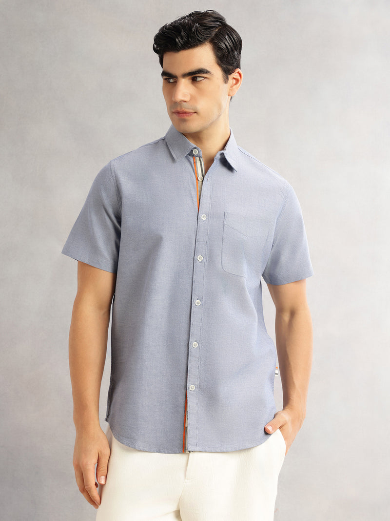 Thomas Scott Men Navy Cricket Club Slim Fit Short Sleeves Spread Collar Solid 100% Cotton Casual Shirt