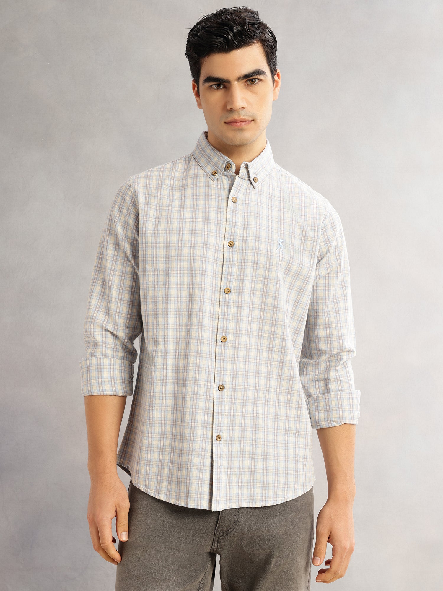 Thomas Scott Men Aqua Cricket Club Slim Fit Long Sleeves Button-Down Collar Tartan Checks Cotton Linen Casual Shirt