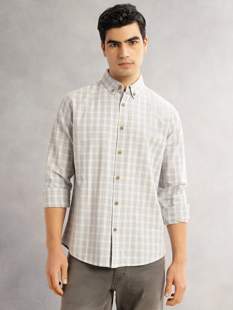 Thomas Scott Men Aqua Cricket Club Slim Fit Long Sleeves Button-Down Collar Tartan Checks Cotton Linen Casual Shirt