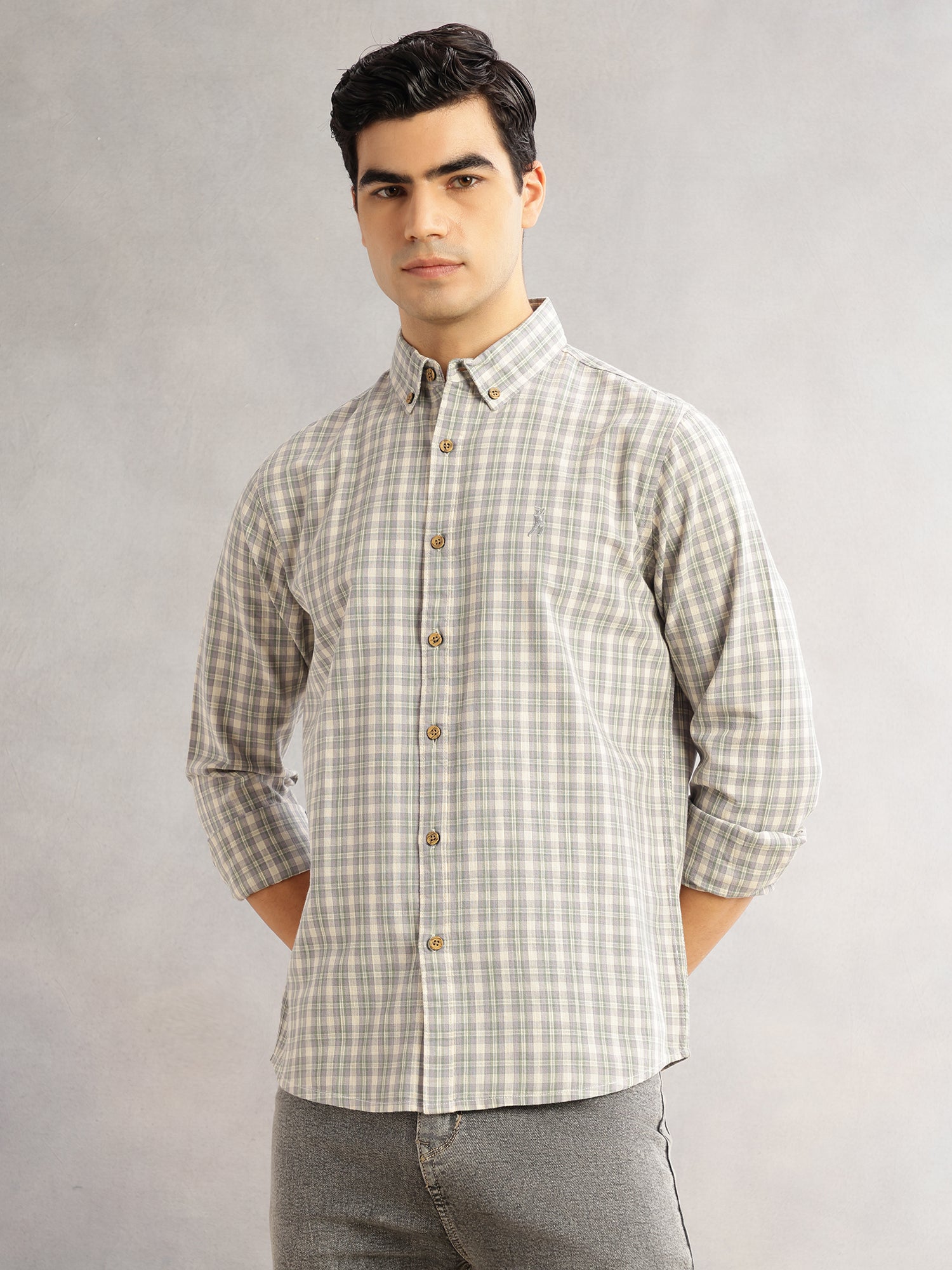 Thomas Scott Men Grey Cricket Club Slim Fit Long Sleeves Button-Down Collar Tartan Checks Cotton Linen Casual Shirt