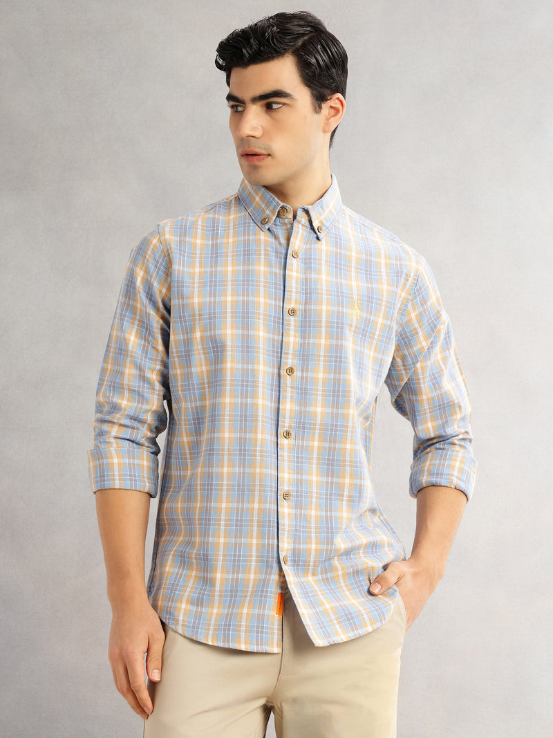 Thomas Scott Men Blue Cricket Club Slim Fit Long Sleeves Button-Down Collar Graphic Checks Cotton Linen Casual Shirt