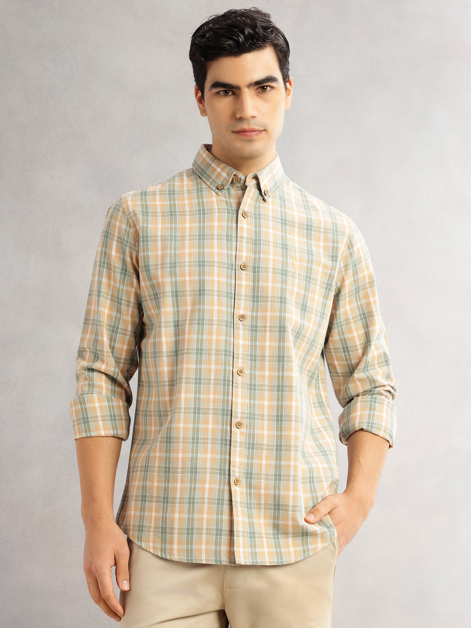 Thomas Scott Men Green Cricket Club Slim Fit Long Sleeves Button-Down Collar Graphic Checks Cotton Linen Casual Shirt