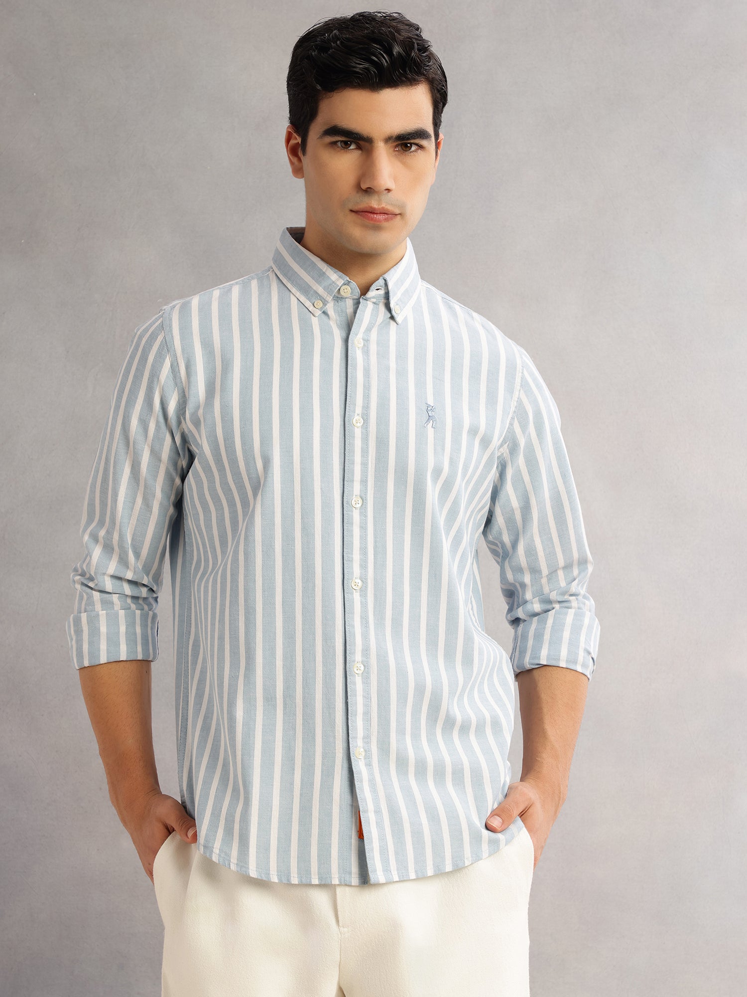 Thomas Scott Men Blue Cricket Club Slim Fit Long Sleeves Button-Down Collar Vertical Stripes Cotton Linen Casual Shirt