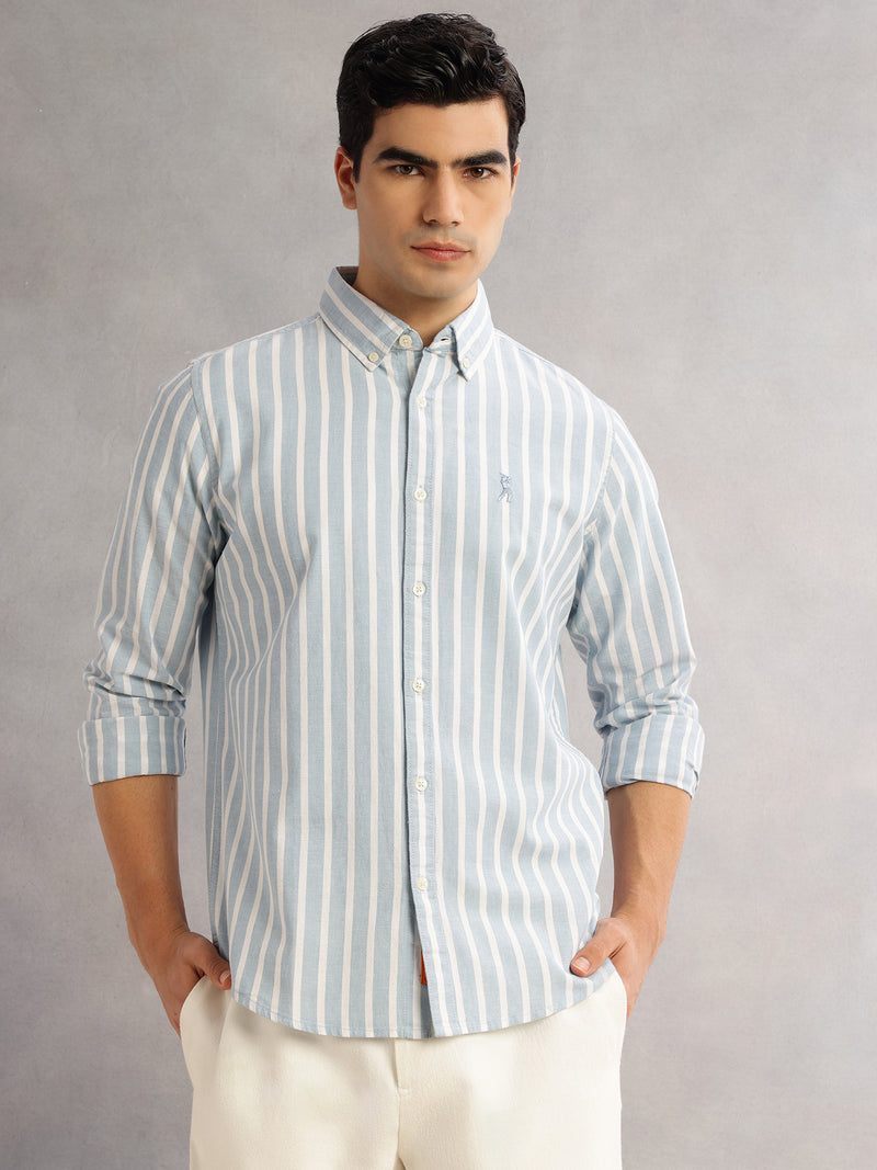 Thomas Scott Men Blue Cricket Club Slim Fit Long Sleeves Button-Down Collar Vertical Stripes Cotton Linen Casual Shirt