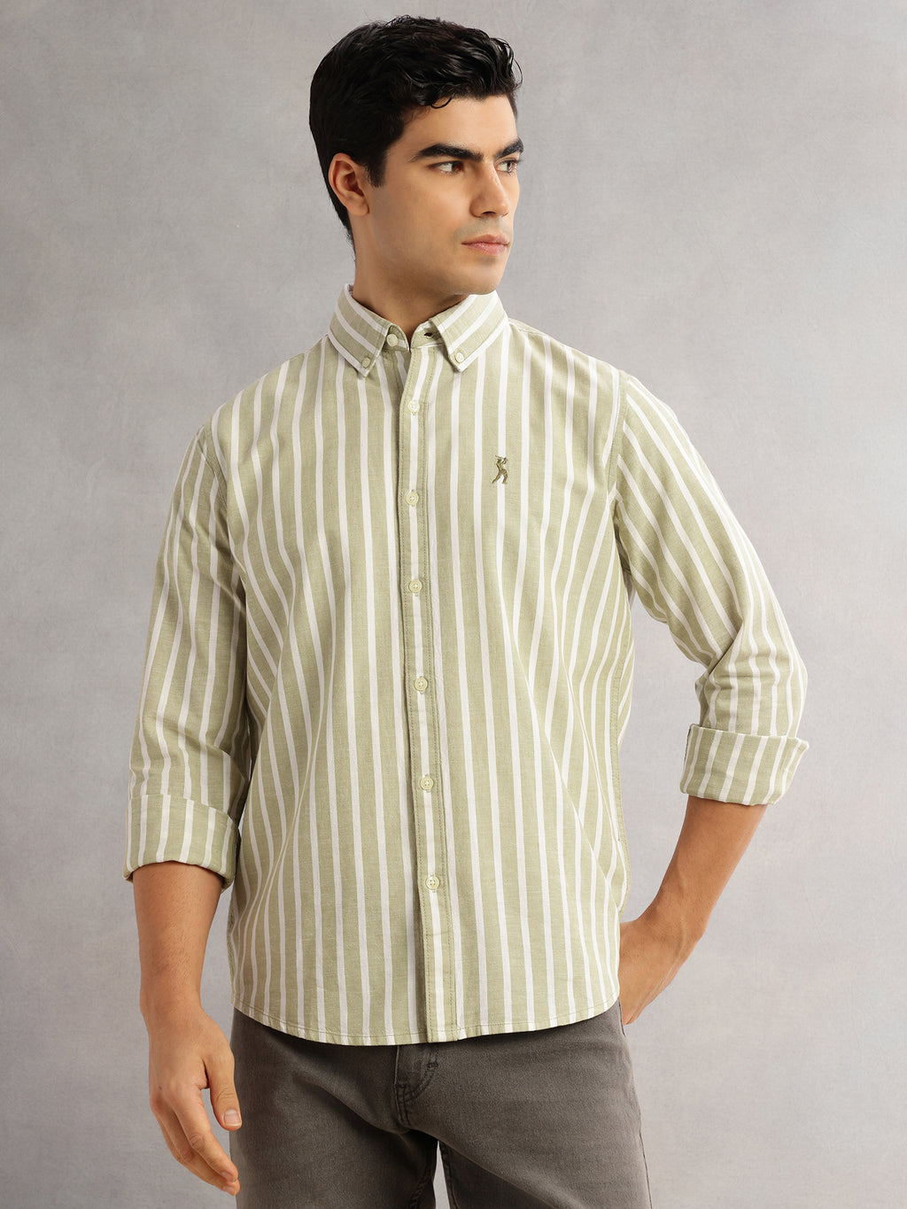 Thomas Scott Men Pista Cricket Club Slim Fit Long Sleeves Button-Down Collar Vertical Stripes Cotton Linen Casual Shirt