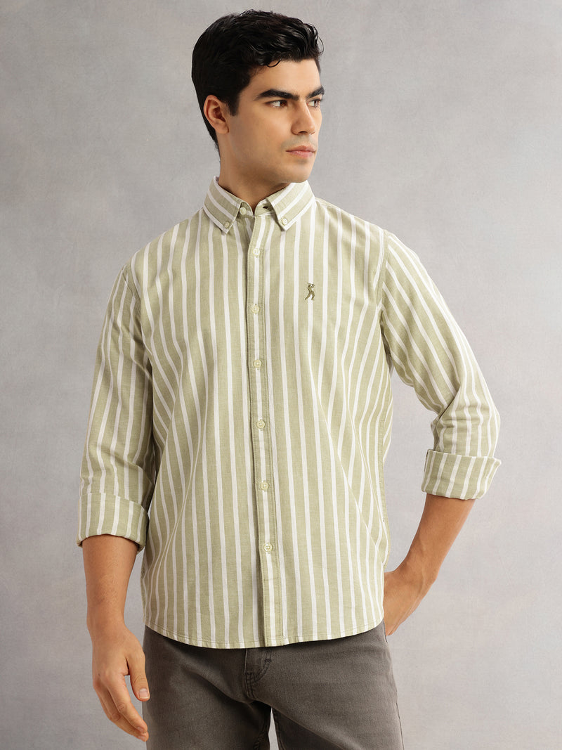 Thomas Scott Men Pista Cricket Club Slim Fit Long Sleeves Button-Down Collar Vertical Stripes Cotton Linen Casual Shirt