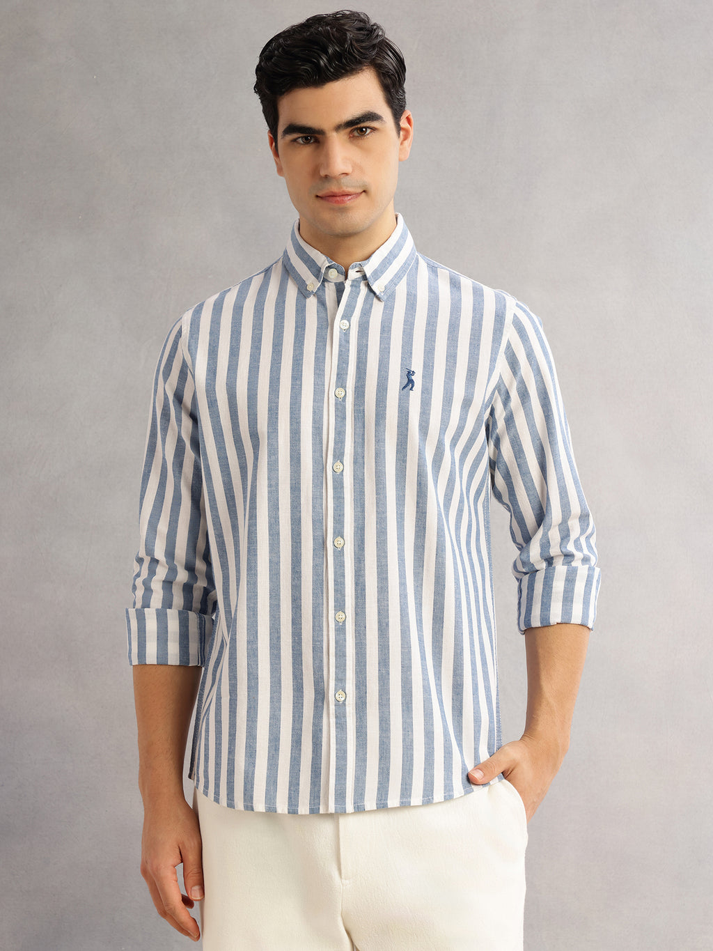 Thomas Scott Men Blue Cricket Club Slim Fit Long Sleeves Button-Down Collar Vertical Stripes Cotton Linen Casual Shirt