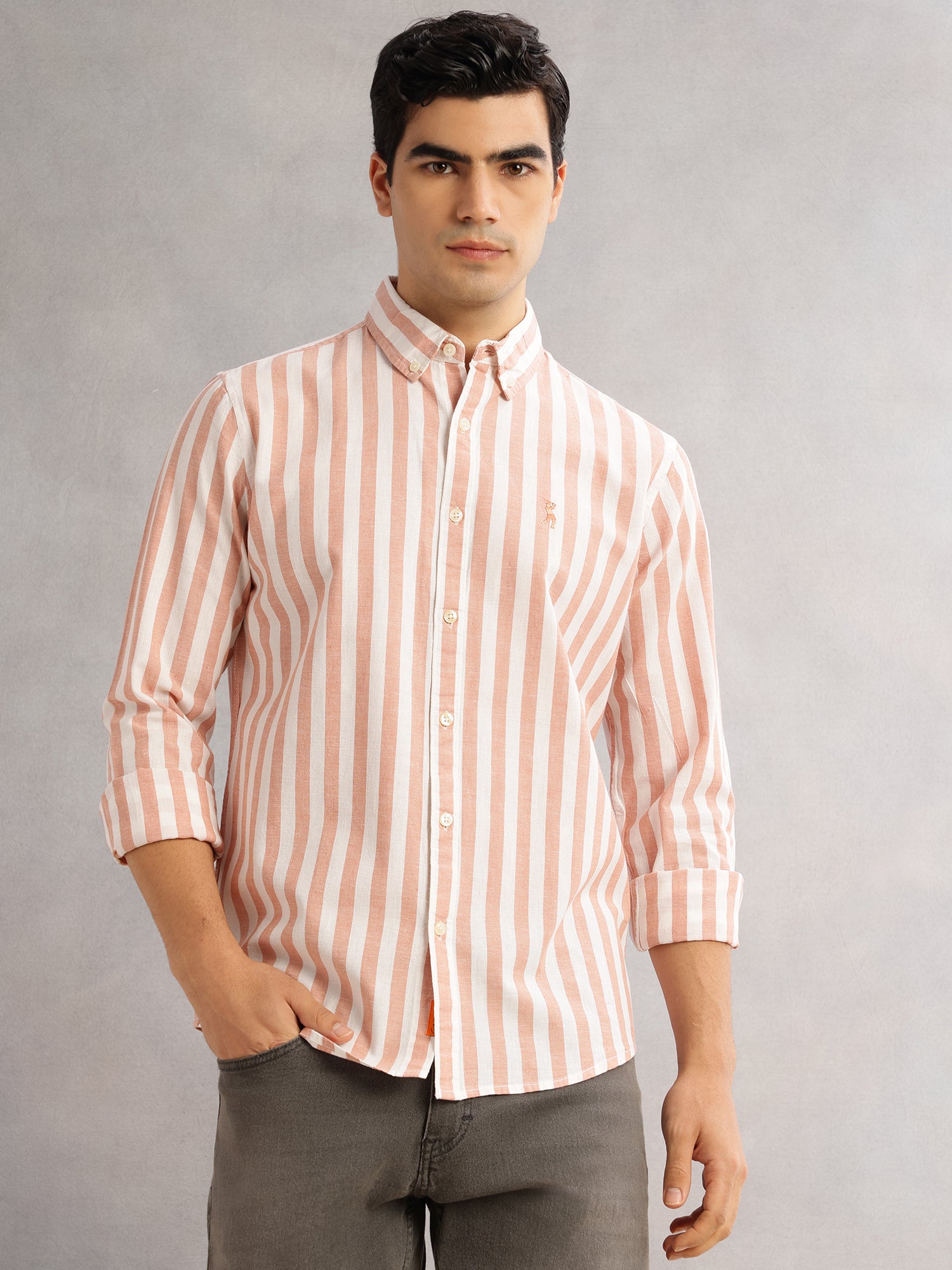 Thomas Scott Men Peach Cricket Club Slim Fit Long Sleeves Button-Down Collar Vertical Stripes Cotton Linen Casual Shirt