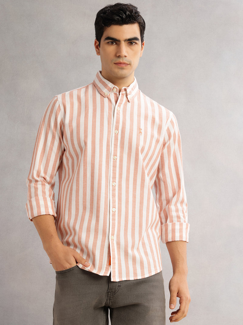 Thomas Scott Men Peach Cricket Club Slim Fit Long Sleeves Button-Down Collar Vertical Stripes Cotton Linen Casual Shirt