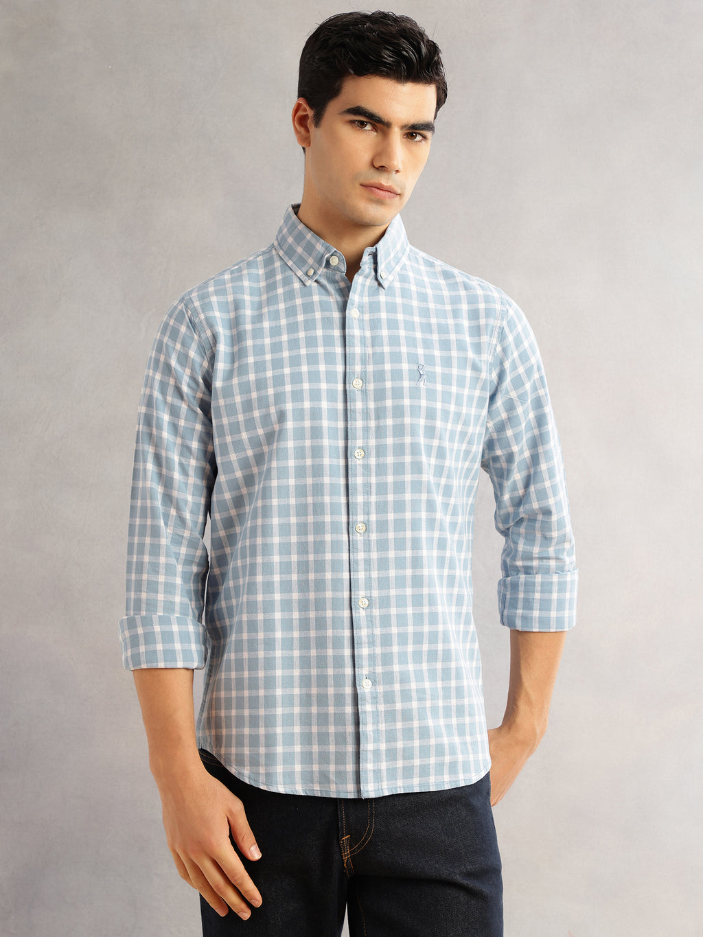 Thomas Scott Men Blue Cricket Club Slim Fit Long Sleeves Button-Down Collar Gingham Checks Cotton Linen Casual Shirt
