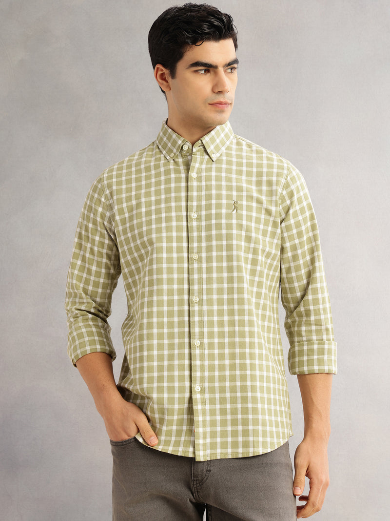 Thomas Scott Men Olive Cricket Club Slim Fit Long Sleeves Button-Down Collar Gingham Checks Cotton Linen Casual Shirt