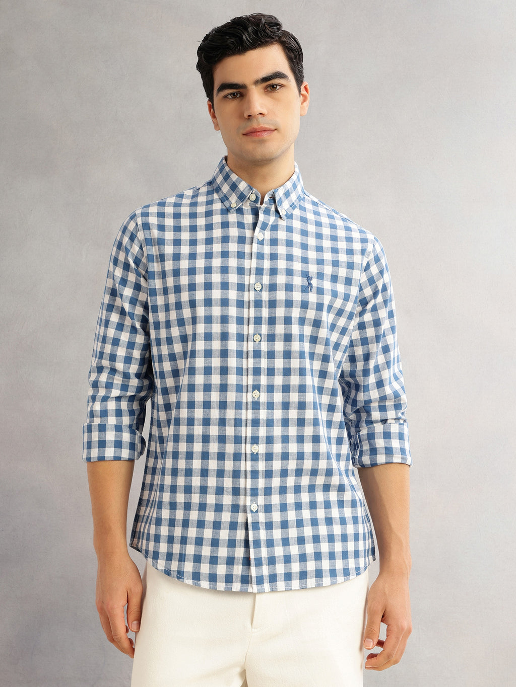 Thomas Scott Men Blue Cricket Club Slim Fit Long Sleeves Button-Down Collar Gingham Checks Cotton Linen Casual Shirt