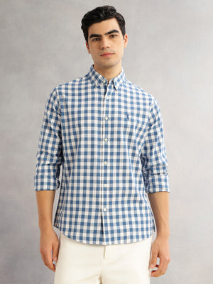 Thomas Scott Men Blue Cricket Club Slim Fit Long Sleeves Button-Down Collar Gingham Checks Cotton Linen Casual Shirt