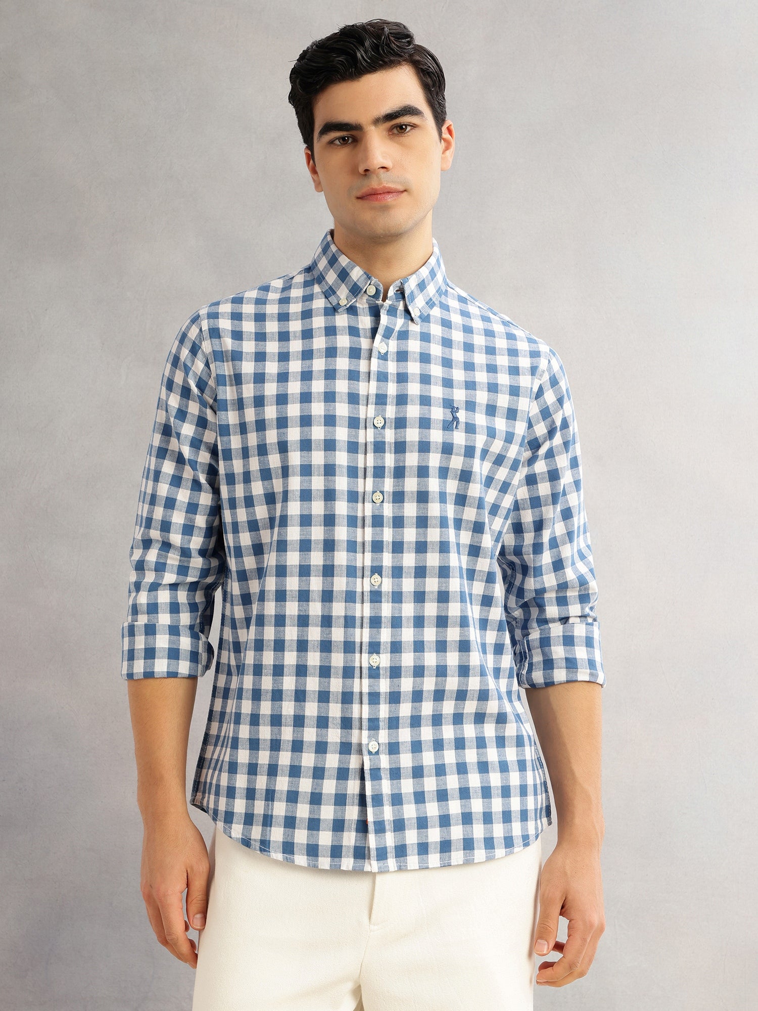Thomas Scott Men Blue Cricket Club Slim Fit Long Sleeves Button-Down Collar Gingham Checks Cotton Linen Casual Shirt